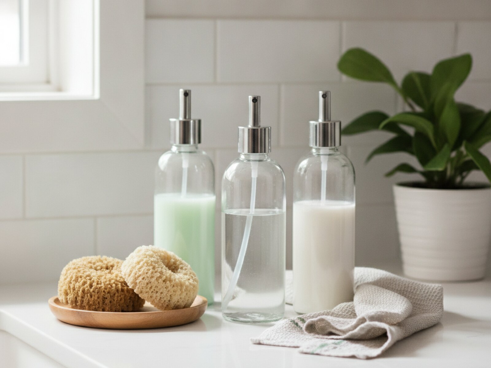 Eco cleaning supplies on a kitchen counter