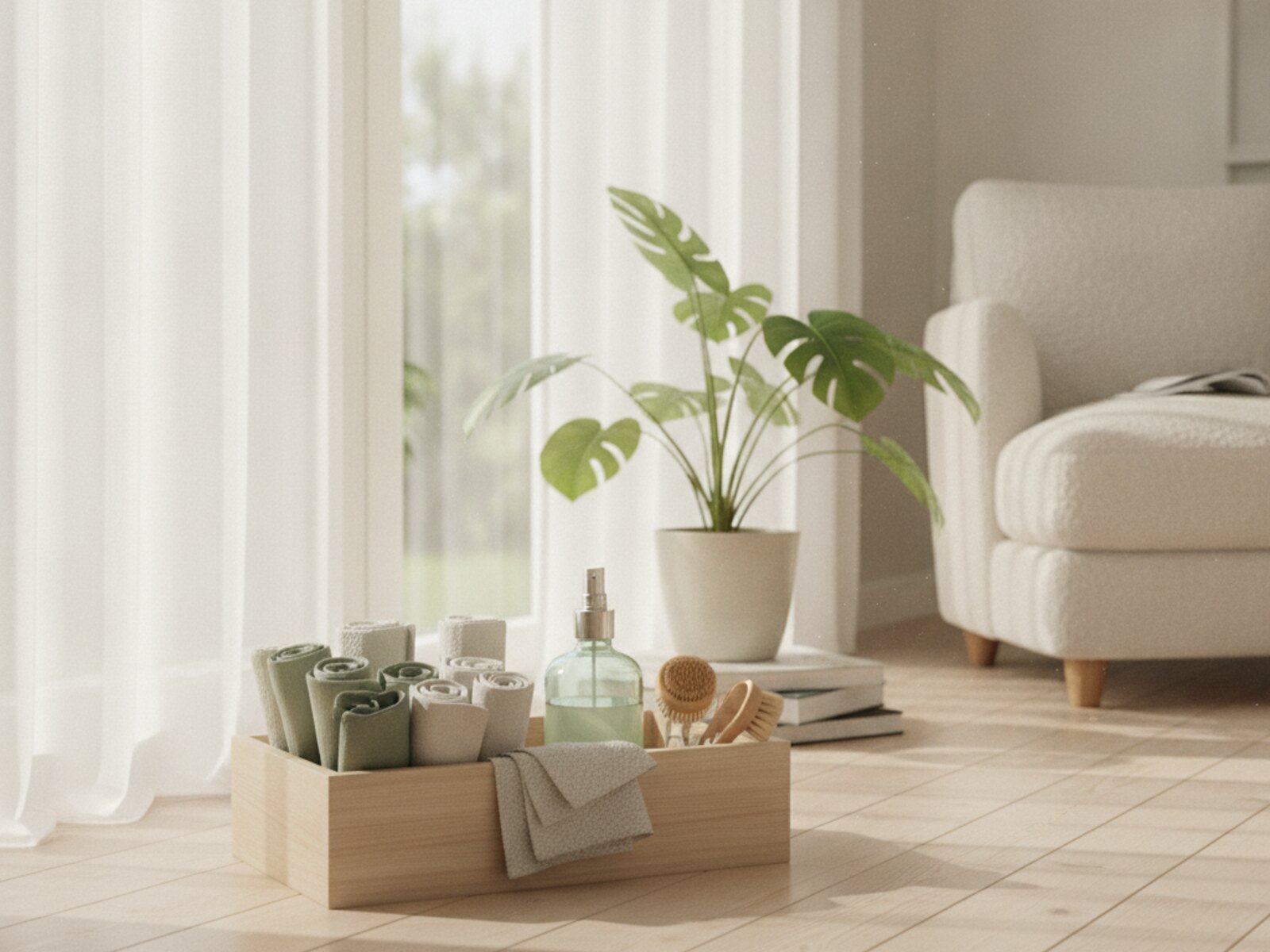 A friendly Bright Nest cleaner with supplies in a bright home